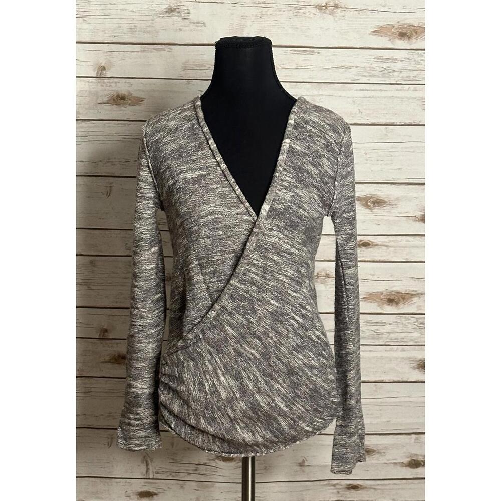 Free People taupe cotton/linen V surplice wrap front marled knit sweater Size S